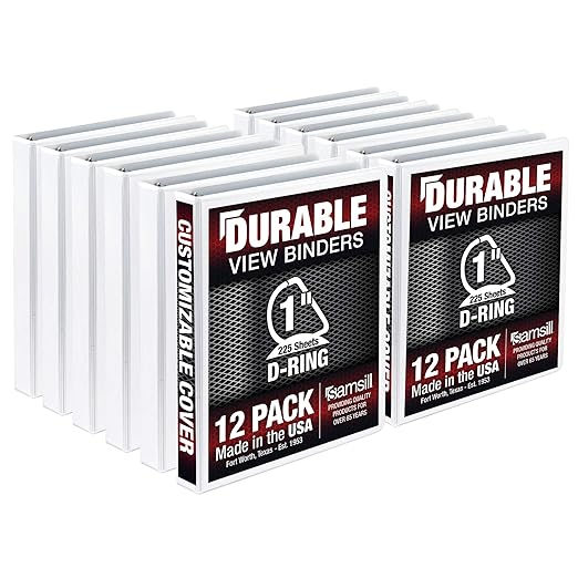 Samsill Durable 1 inch 3 Ring Binder, D Ring Binder, 100% Recycled Chipboard, White, 12 Pack