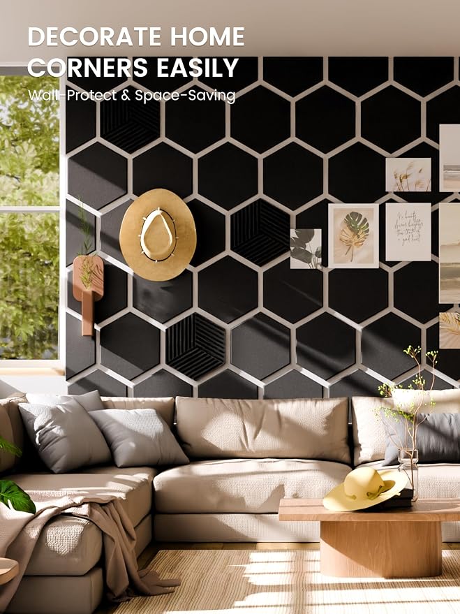 Fluxynara 10-Pack Hexagon Felt Bulletin Board Tiles, Black | Cork Board Alternative for Wall Decor and Vision Boards, with 50 Adhesive Tabs for Home, Office, Classroom or Dorm.