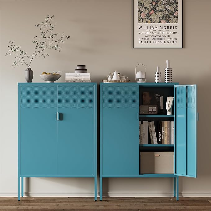 Metal Storage Cabinet,2 Door TV Stand, Metal Mesh Accent Cabinet | Magnetic Door Closure,Low Storage Cabinets with Doors and Shelf for Home,Office,Living Room
