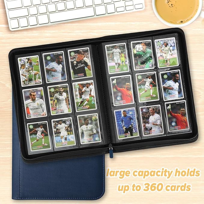 360 Cards Ringless 9-Pocket Side Loading Trading Card Binder, PU Zipper Fixed Page Card Album for TCG Sports Cards, Not Fit Top Loaders (Blue)