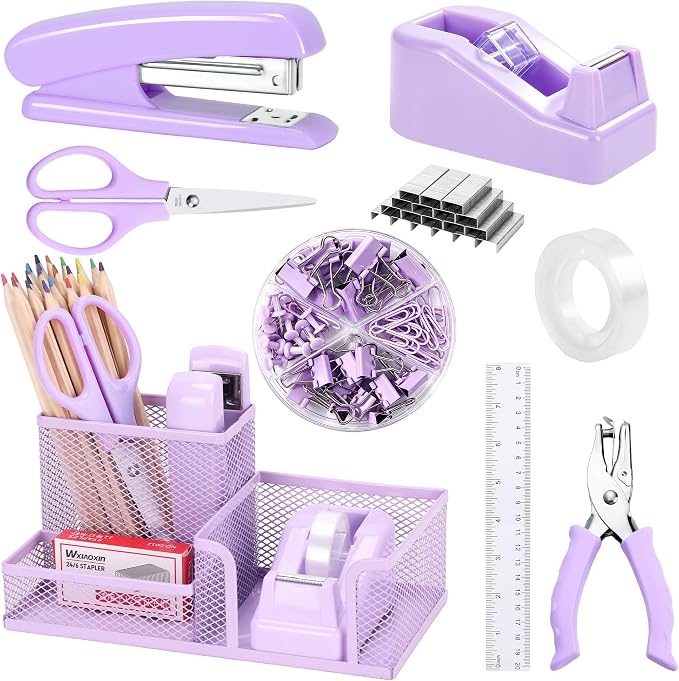 Purple Office Desk Accessories, 9 Pcs Desk Organizers and Accessories with Mesh Pen Holder, Stapler, Tape Dispenser, Hole Punch, Office Supplies Set for Office Home School Women Students Gift
