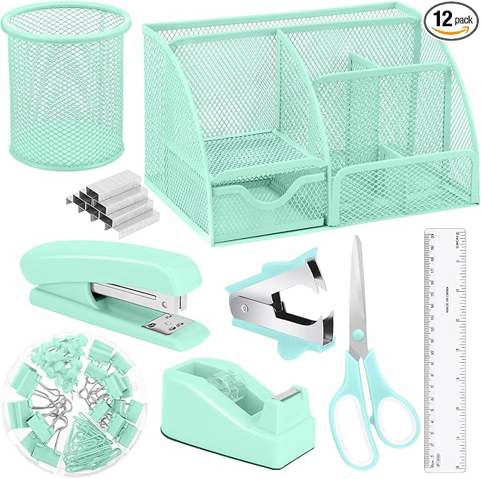 auroray Green Desk Organizers and Accessories, Teal Office Supplies Set Green Mesh Desk Organizer, Stapler, Tape Dispenser, 1000 Staples, Staple Remover, Pen Holder, Clips Set, Ruler, Scissors