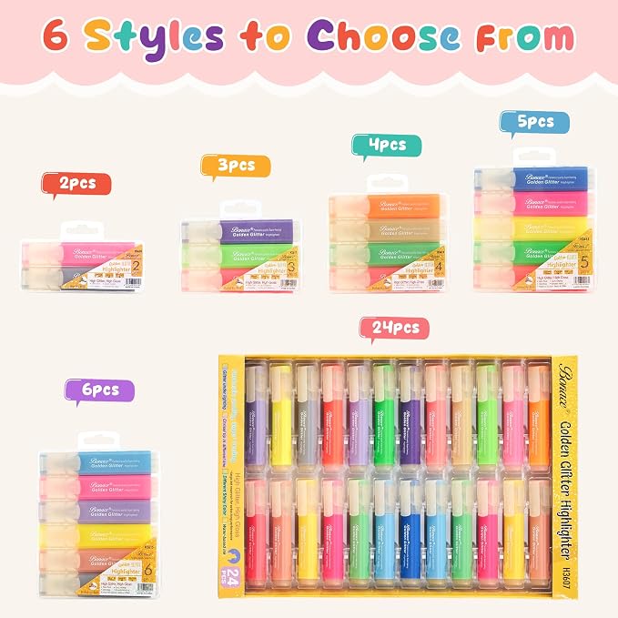 Glitter Highlighters, 6 Assorted Colors Quick-Dry Chisel Tip | Metallic Shimmer Finish | Water-Based for Journaling, Studying & Creative Projects