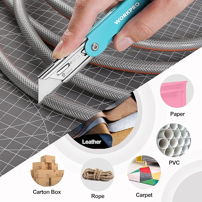 WORKPRO 3-Pack Folding Utility Knife Set, Quick Change Blade Box Cutter, Razor Knife with Belt Clip, 10 Extra SK5 Blades for Cartons, Cardboard and Boxes