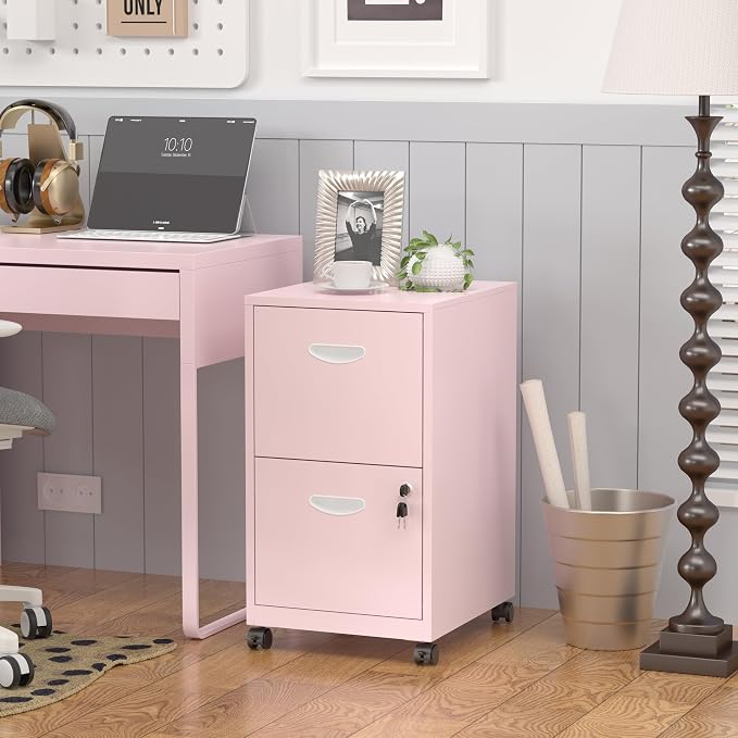 SteeLoong 2 Drawer File Cabinet,Metal Mobile File Cabinet with Lock Pink | Filing Cabinet with Wheel,Vertical File Cabinet for Home Office,Under Desk Rolling File Cabinets for Hanging Letter/A4