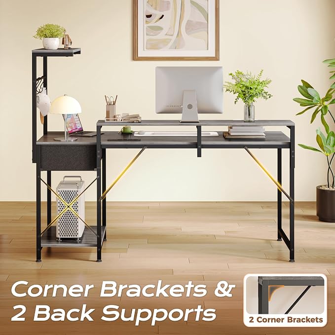 55.1 Inch Gaming Desk with LED Lights & Power Outlets | Computer Desk with Drawer & Storage Shelves, Office Writing Desk with Monitor Stand for Work from Home, Grey