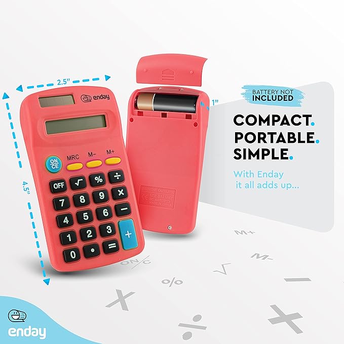 Calculator Red, Basic Small Solar and Battery Operated, Large Display Four Function, Auto Powered Handheld Calculator School and Kids Available in Green, Blue, Purple, Grey, Pink, 1 PK – by Enday