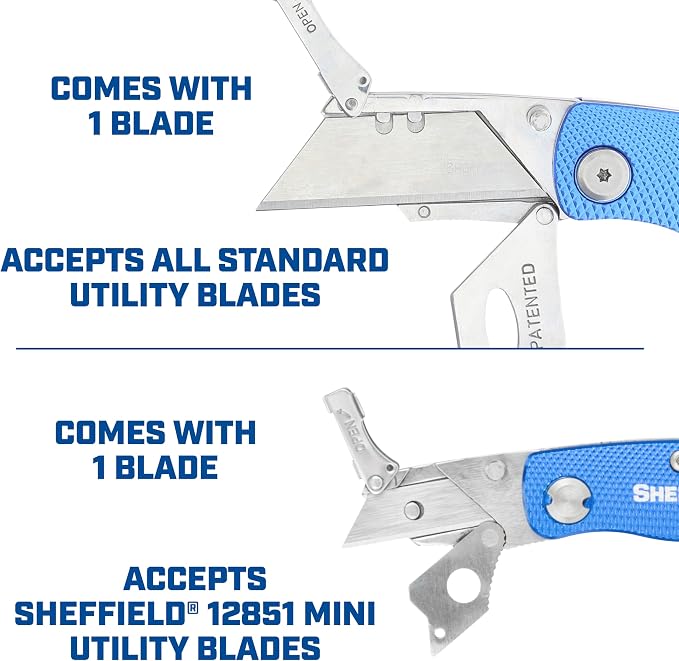 Sheffield Utility Knife and Mini Box Cutter with Aluminum Handles | Folding Utility Knife Set Accepts Std and Mini Utility Knife Blades for Use in Warehouse, Construction, or DIY
