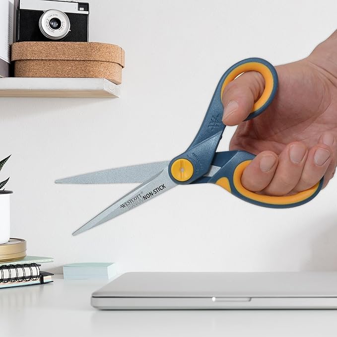 Westcott 8-Inch Non-Stick Titanium Scissors For Office and Home - Glide Adjust Technology - Grey/Yellow Craft, Fabric Scissors - 3 Pack