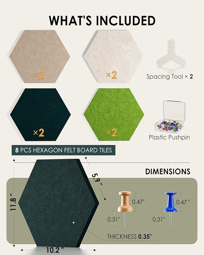 MaxGear Hexagon Bulletin Board, 8Pcs Wall Panels Office Decor Gradual Green | Large Cork Boards For Walls Alternative, Hexagon Felt Wall Tiles Vision Board Pictrure Room Wall Decor With Push Pins