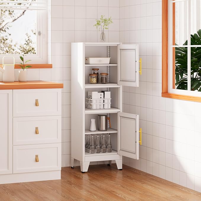 Metal Tall Narrow Bathroom Storage Cabinet, Freestanding Floor Cabinet with 2 Doors and Adjustable Shelves, Pantry Storage Cabinets for Bathroom, Living Room, Entryway and Kitchen (White)