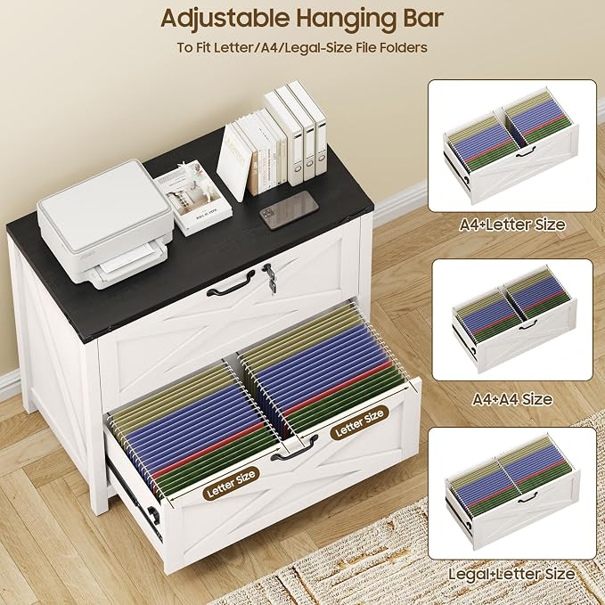 Halitaa Farmhouse Lateral File Cabinet with 2 Drawers, White and Black | Lateral Filing Cabinet with Lock for Letter/A4/Legal Size, Large Wood File Storage Cabinet Printer Stand for Home Office