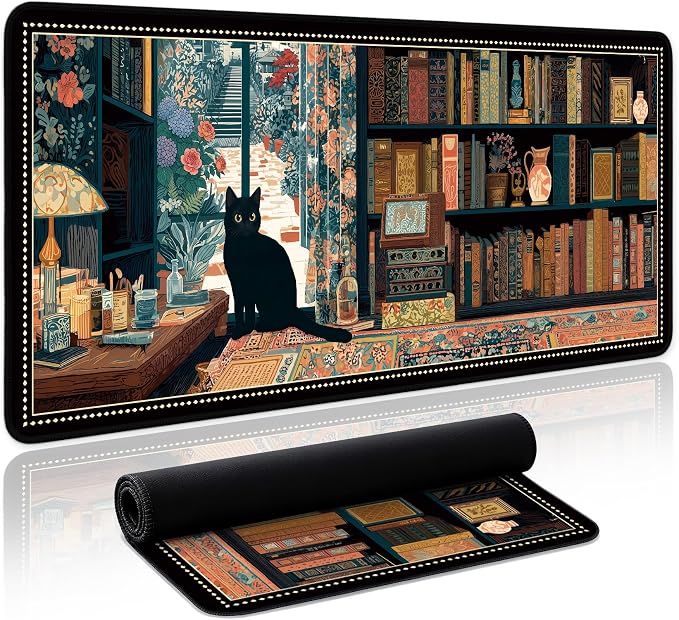 Aesthetic Desk Mat, Cute Black Cat Desk Pad Protector for Work & Decor, 31.5" x 11.8", Pretty Non-Slip Extended Mouse Pad for Office or Home