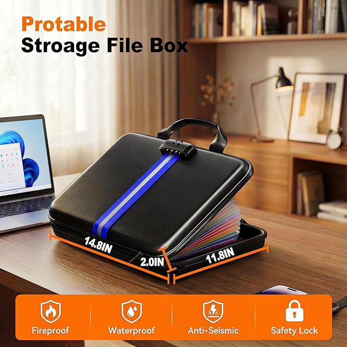 Fireproof Accordion File Organizer with Lock,Hard-Shell Fireproof Document Box with 13 Pockets for Certificates, Passports Laptop Important Documents Portable Home Office Travel Safe Storage