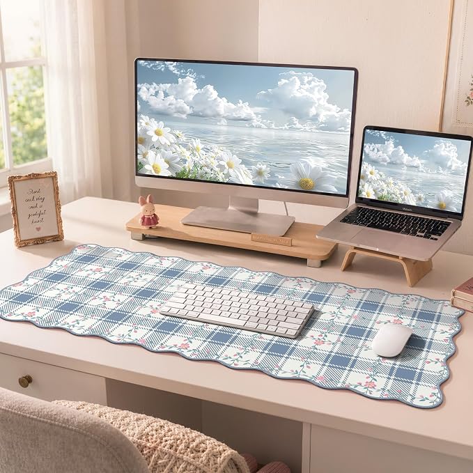 iCasso Light Blue Mousepad 35.4"x15.7", Keyboard Pad for Workspace | Cubicle Floral Desk Pad Featuring Stitched Edges, Kawaii Scalloped Mousepad for School Workspace Computer Setup