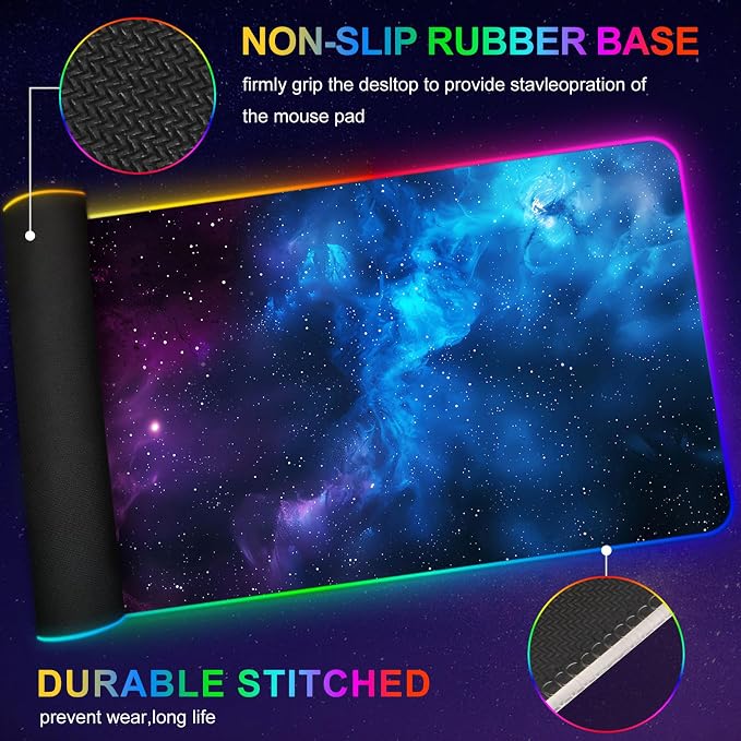 RGB Mouse Pad Led,XXL Large Mouse Pad Purple Blue Starry Nebula, Big Mouse mat Computer Mousepad with 14 Light Modes, 35.4 x15.7 Inch Keyboard Mat