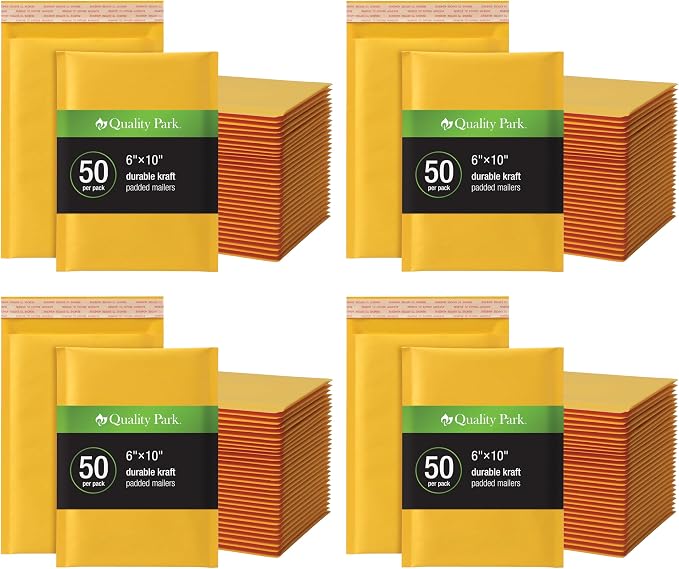 Quality Park Bubble Mailers,6 x 9 Shipping Envelopes,Self-Seal,Durable Brown Kraft Padded Envelopes,Redi-Strip Peel Off Closure,50 Per Box (QUA85755),(Pack of 4)