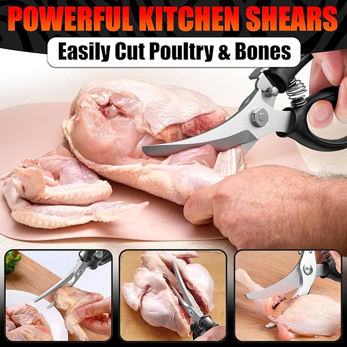 Poultry Shears Heavy Duty – Stainless Steel Chicken Shears with Spring Loaded Design, Non-Slip Serrated Edge & Safety Lock, Dishwasher Safe – Bone Cutting Scissors for Turkey, Poultry & Spatchcock