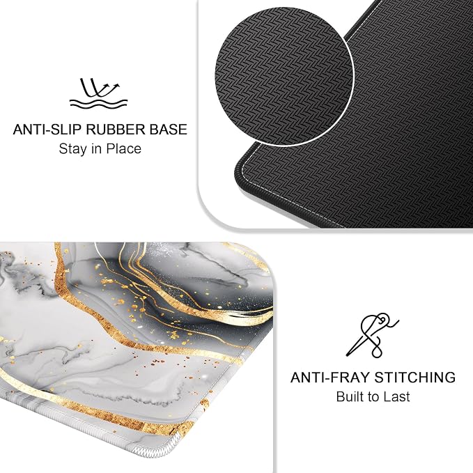 Auhoahsil Mouse Pad, 12 x 10 in Luxury Marble Theme Computer Mouse Pad for Desk, Premium-Textured Non-Slip Rubber Stitched Edges Waterproof Square Mouse Mat for Gaming Work Wireless Mice, Gray Gold