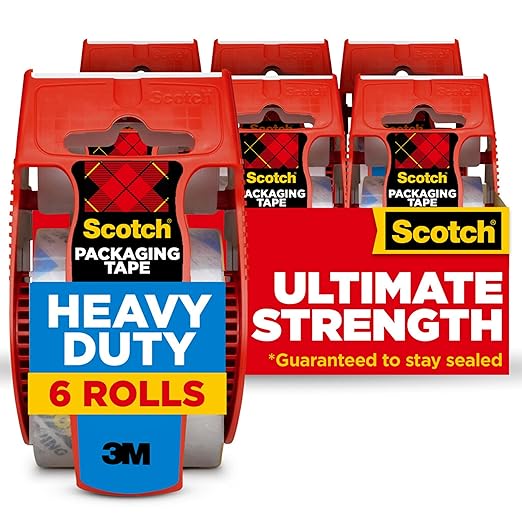 Scotch Heavy Duty Shipping Packaging Tape, Clear, Split-Resistant, 1.88 in x 27.7 yd per Roll (1000 inch), 6 Rolls, 6 Dispensers (6000 inches Total) – Box Tape