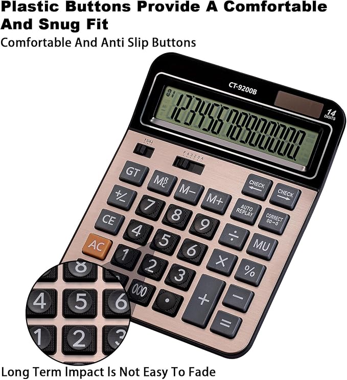 Large Computer Electronic Calculator Counter Solar & Battery Power 14 Digit Display Multi-Functional Big Button for Business Office School Calculating (HY-9200B)