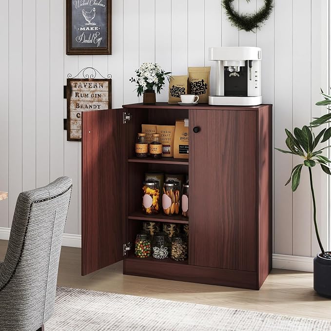 GIANTEX 2 Door Storage Base Cabinet (Brown) | 3-Tier Base Cabinet with Non-Slip Foot Pads, Kitchen Cupboard Storage Organizer for Living Room, Hallway, Entryway, Office