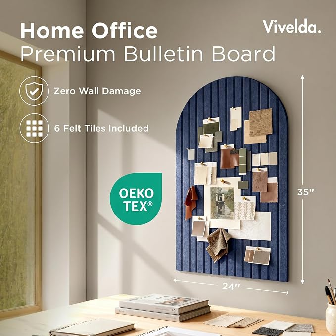 Large Felt Bulletin Board Arched 35" x 24" - Cork Board Alternative for Wall, 6 Felt Tiles with 32 Adhesive Tabs, Stylish Pin Board for Home Office, Bedroom & Classroom (Indigo)