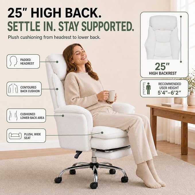 Criss Cross Office Chair with Wheels,Flip-Up Arms and Footrest, White | Cross Legged Office Chair, 30" Wide Seat, 7.87" Teddy Fleece Cushion, 155° Recline, 400 lb, Home Office or Vanity
