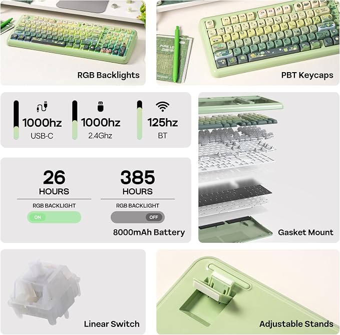 KiiBoom Phantom98 Lite 96% Wireless Mechanical Gaming Keyboard, VIA Programmable, Creamy Keyboard with Gasket, 8000mAh Battery, Hot Swap, RGB Backlits, NKRO for Win/Mac (Green, Mochi Switch)