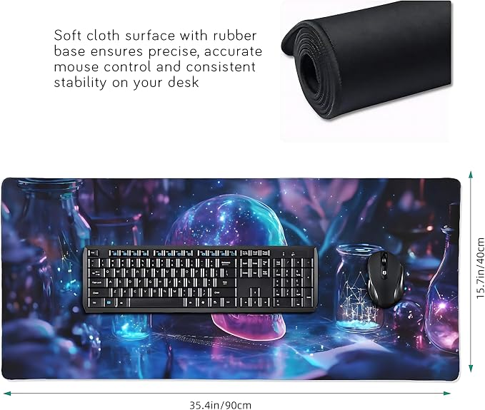 Aesthetic Skull Gaming Mouse Pad, Deep Blue Cyber Desk Mat with Anti-Slip Base & Stitched Edges,35.4" x 15.7" in Table Mat for Computer Desktop, Beautiful Workstation Decor