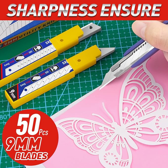 DIYSELF 50 Pack Utility Knife Blades, 9mm Snap Off Blades (30°) | Razor Knife Box Cutter Blades Refills for Detail Cutting, Segmented Edge, Precision Trimming for Paper, Vinyl, Film, Crafts