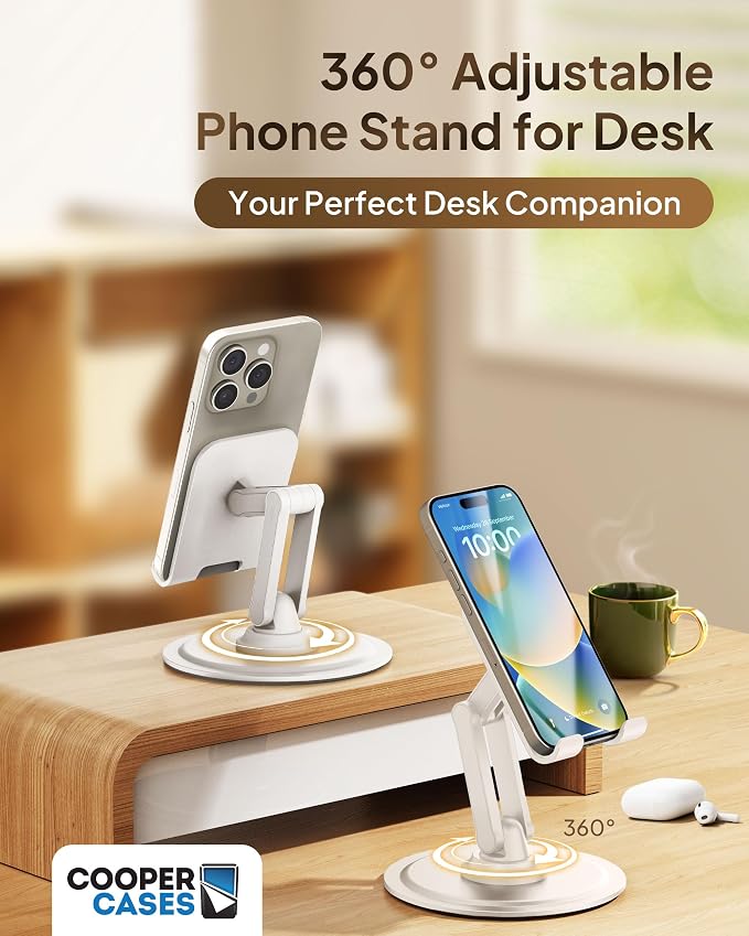 COOPER 360° Stand, Rotating Cell Phone Stand for Desk | Sturdy Metal Base, Foldable, Portable | Cell Phone Holder for Desk (Cream White) | 360° Click Rotating, Adjustable, Foldable, Portable, Metal Base, Cell Phone Holder for Desk; Fits all Samsung, An...