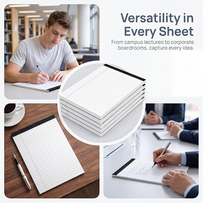 6 Pack Small Legal Pads 5x8 College Ruled White Note Pads 5x8 Writing Pads | White Legal Notepads 5x8, Lines Note Pads of Paper 80gsm Narrow Ruled White Paper Pads 5x8 - 30 Sheets/Pad