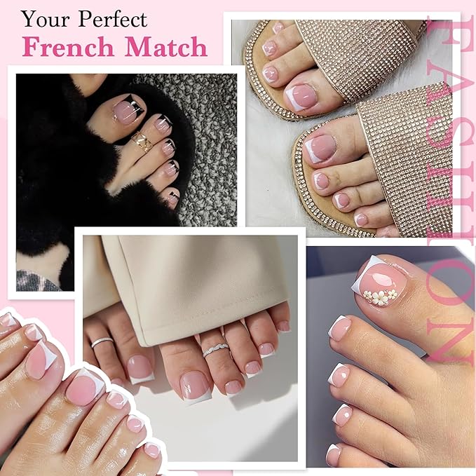 Toe Nails Press On French Tips for Women, 15 Sizes 150 Pcs Sharp Square Pre-applied Primer & Base Coat Toenail Press Ons Baby Pink Full Cover Fake Tips Extension