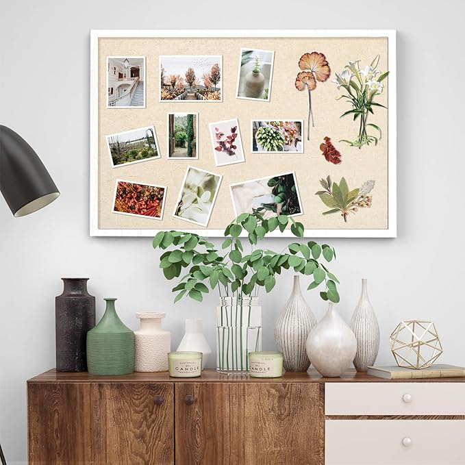 Miratino Large Bulletin Board 30x20 inch with Linen Cork Boards Wall Decor Hanging Pin Wood Framed Display Bulletin Cork Photo Picture Board Light for Room School Office 20-Pushpin Vintage White