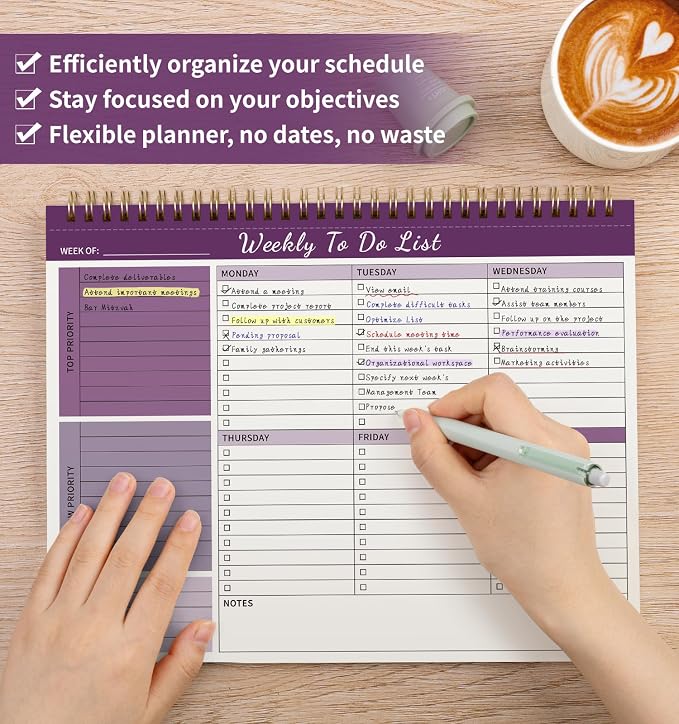 104 Pgs Weekly To Do List Notepad 52 Duplex-Printed Undated Sheets 100 GSM | （8.5"×11") Weekly Desk Planner For Work Home School Office Desk Accessories Supplies & Goal Setting Tasks - Purple