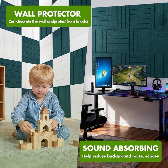 48" x 36" Large Felt Bulletin Board 1/2" Thick, Forest Green | 12 Pack Felt Tiles, Cork Board Alternative, 60 Adhesive Tabs, Pin Board for Home Office Decor with Easy Install