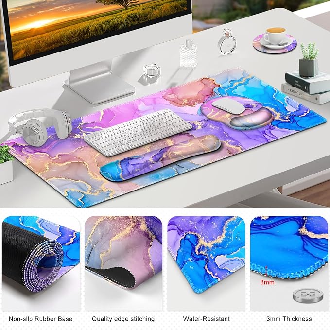 Gaming Mouse Pad, 4in1 XXL Mousepad Large Desk Mat, Cute Desk Pad Protector | Keyboard Wrist Rest+Mouse Wrist Rest+Coaster Set with Ergonomic Desk Pad for Home Office PC Computer, Colorful Marble