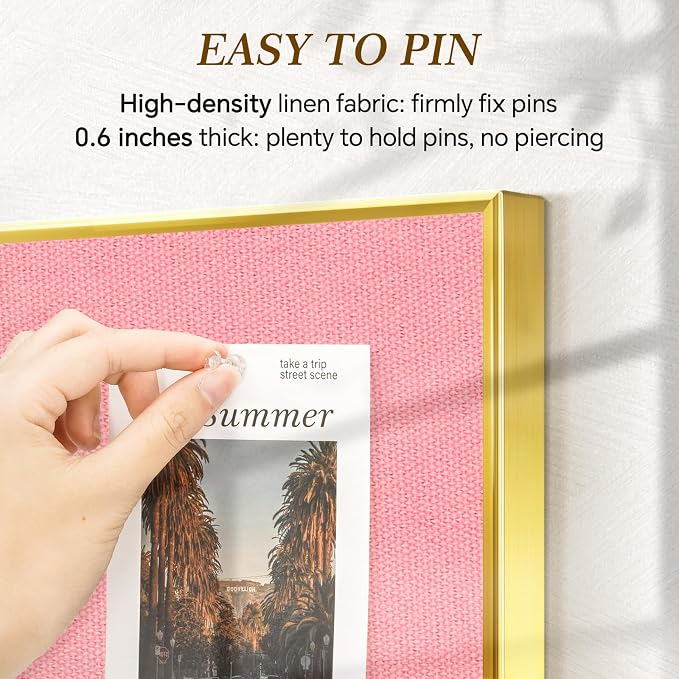 Linen Bulletin Board, 24"x18" Decorative Fabric Pin Board Vision Board | Gold Aluminum Frame, Upgraded Pink Canvas Surface, Wall Mounted, for Home Office Bedroom Dorm Wall Decor