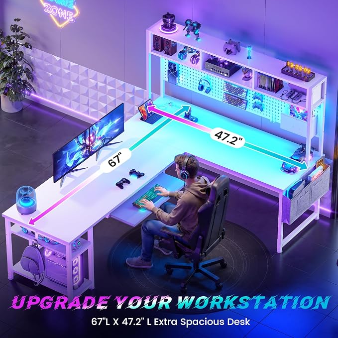 SEDETA White L Shaped Gaming Desk with Hutch, Power Outlet and Pegboard | Reversible 94.5" Computer Desk Two Person Desk, Corner Desk with Storage Shelf Keyboard Tray and LED Lights for Home Office