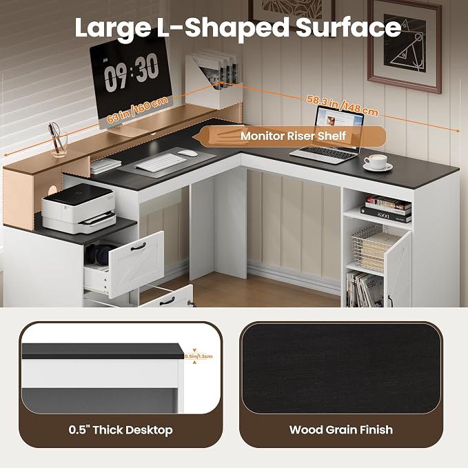 MALOL 63" Farmhouse L Shaped Executive Desk, Corner Computer Desk with Drawers & Storage Shelf, Home Office Desk with Power Outlet, Monitor Stand, Wood Grain Desktop, White & Black