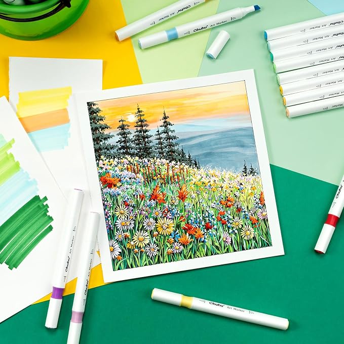 Ohuhu Alcohol Markers Brush& Chisel 96 Colors Drawing Markers for Coloring | Dual Tips Art Marker Set for Beginners, 94 Vibrant Colors& 2 Colorless Blender for Adult Drawing Sketching, Great Value Pack