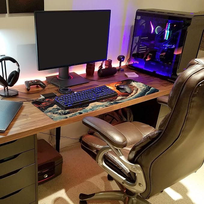 Long Gaming Mouse Pad Extended Anime Large Desk Pad with Non-Slip Base Full Keyboard Mat with Stitched Edges for Gaming and Office 31.5 x 11.8 inches (Orange Wave)