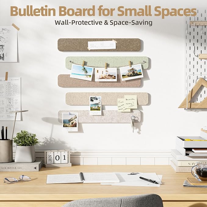10 Pack 13"x2" Cork Board Strip with Removable Adhesive Squares & Push Pins | Pin Board Alternative Felt Strip Bulletin Board, Felt Board for Photo & Note Display, Home Office Decor - Linen Dusk