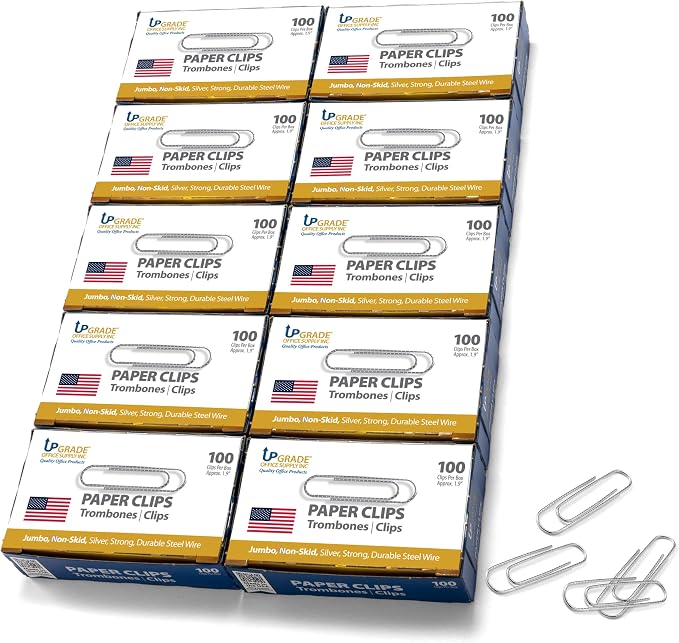 Upgrade Office Supply Jumbo Paper Clips, 1,000 Count, 10 Boxes of 100, Made in USA