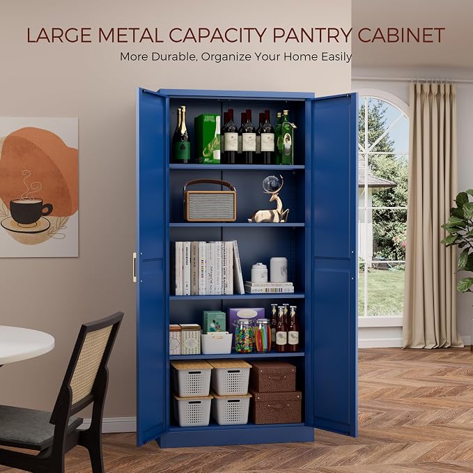 71" Tall Metal Kitchen Pantry Cabinet, Storage Cabinet with Doors | Kitchen Cabinet with 4 Adjustable Shelves, Tall Food Pantry Cabinet, Blue Cupboard for Kitchen, Dining Room, Garage & Office