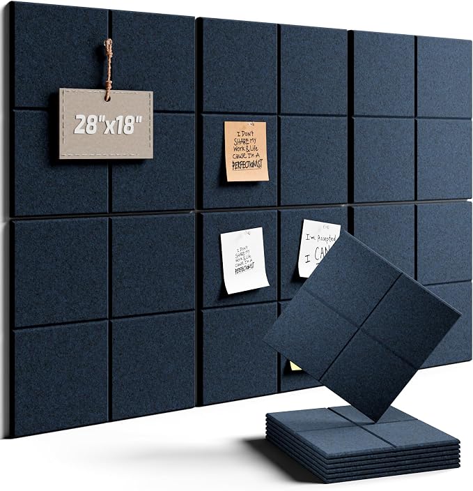 28" x 18" Felt Bulletin Board Tiles, 4-Compartment, Carbon Blue | 6-Pack Cork Board Alternative, 30 Adhesive Tabs, Push Pin Board, Wall Decor, Office, Home, Classroom, Dorm