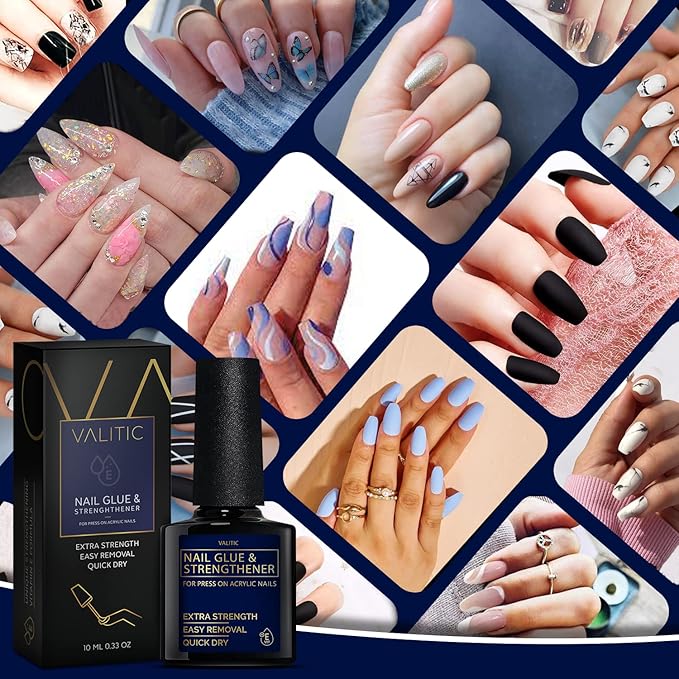 Valitic Strong Nail Glue and Strengthener for Acrylic and Press On Nails - Quick Dry Brush On Gel for Long Lasting Effect - Adhesive Nail Bond for False Nails with Tips Strengthener - 3 Pack