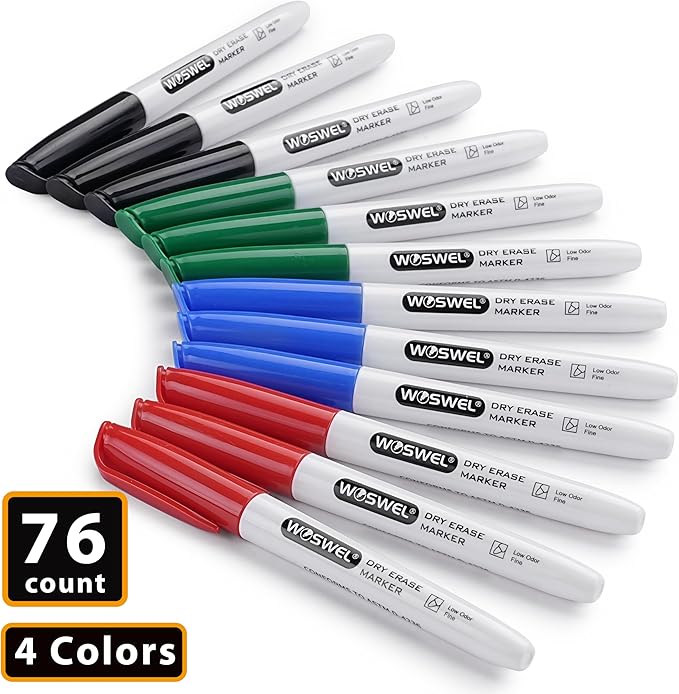 Fine Tip Dry Erase Markers Bulk, 76 Pack 4 Assorted Colors(Black,Blue,Green,Red) Low Odor Whiteboard Erasable Markers for Classroom School Office Home, Non-Toxic Easy Clean
