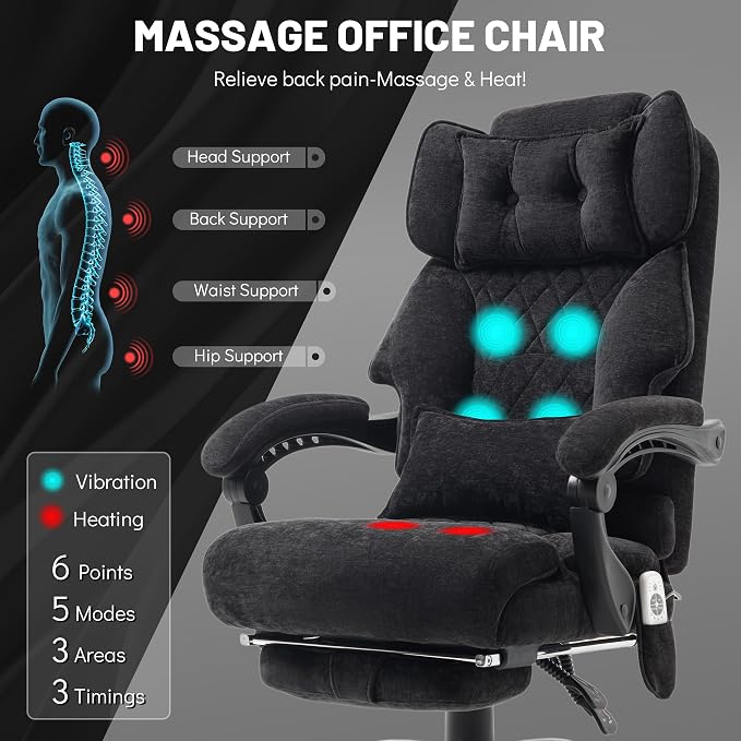 Massage Office Chair with Foot Rest,6 Points Vibration & Heat Executive Office Chairs for Heavy People,500LBS Big and Tall Office Chair,Ergonomic Reclining Desk Chair,Dual-Use Pillow,BlackCloth
